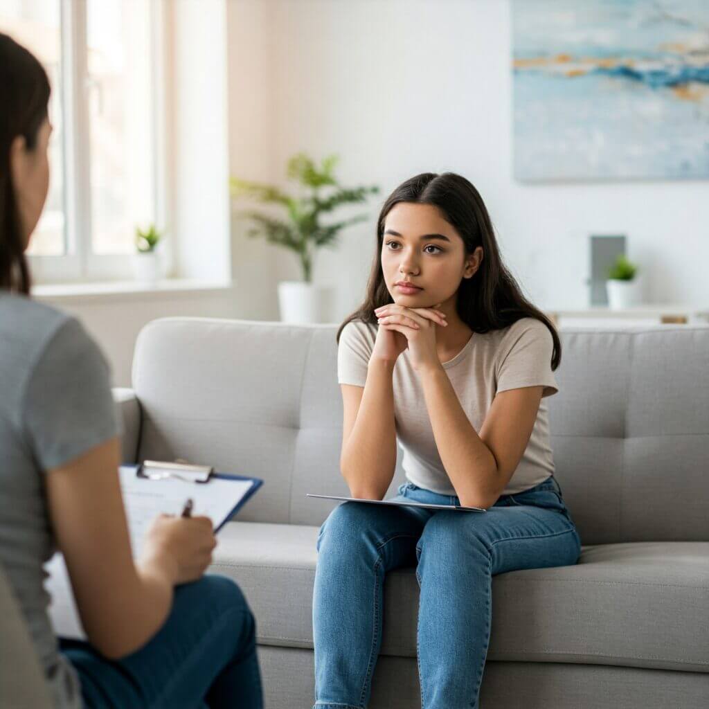 A young woman or teen in a counseling session, looking thoughtful while listening to a therapist, representing support for teens and young adults