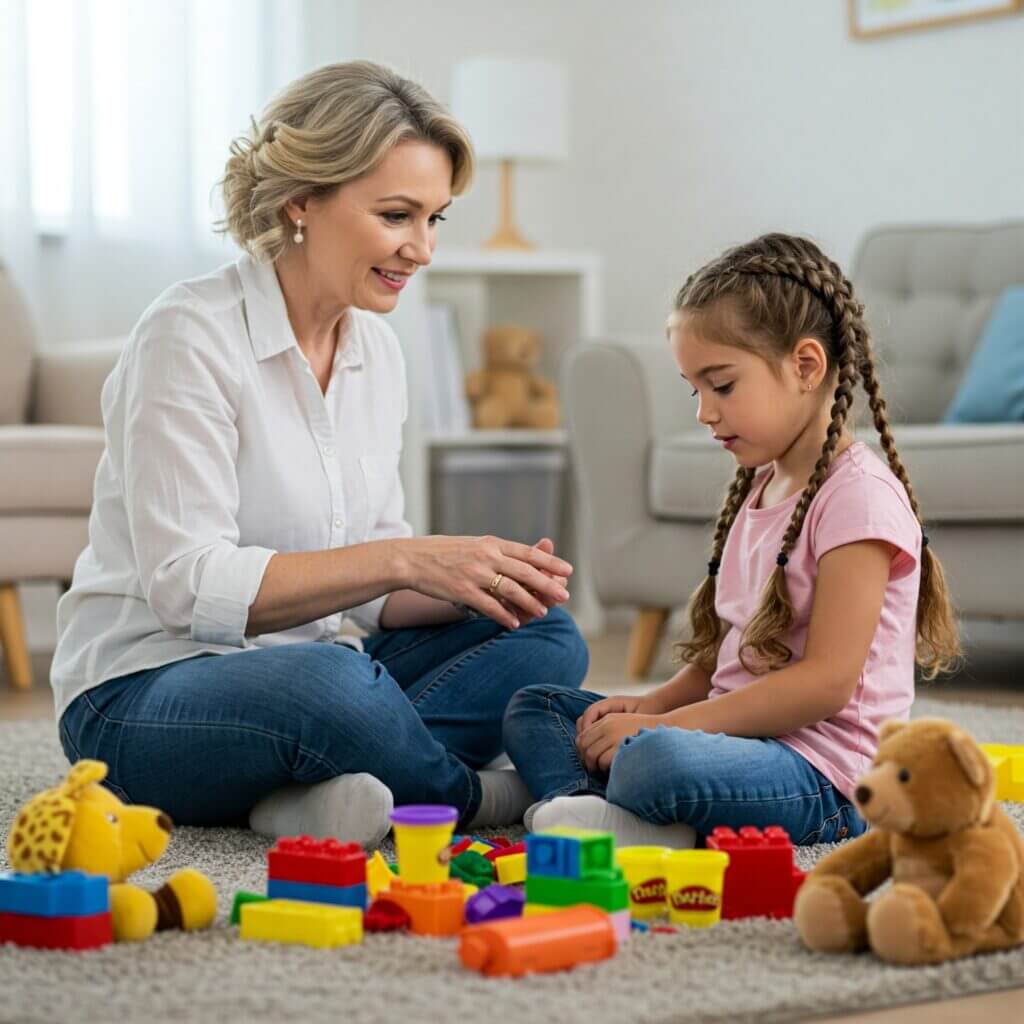 Image depicting a female counselor engaging in play therapy with a young girl on the floor, surrounded by toys and blocks. Used in the 'Counseling for Children' section to visually represent a nurturing environment for child counseling, utilizing play therapy techniques to address issues like anxiety, emotional regulation, and behavioral challenges.